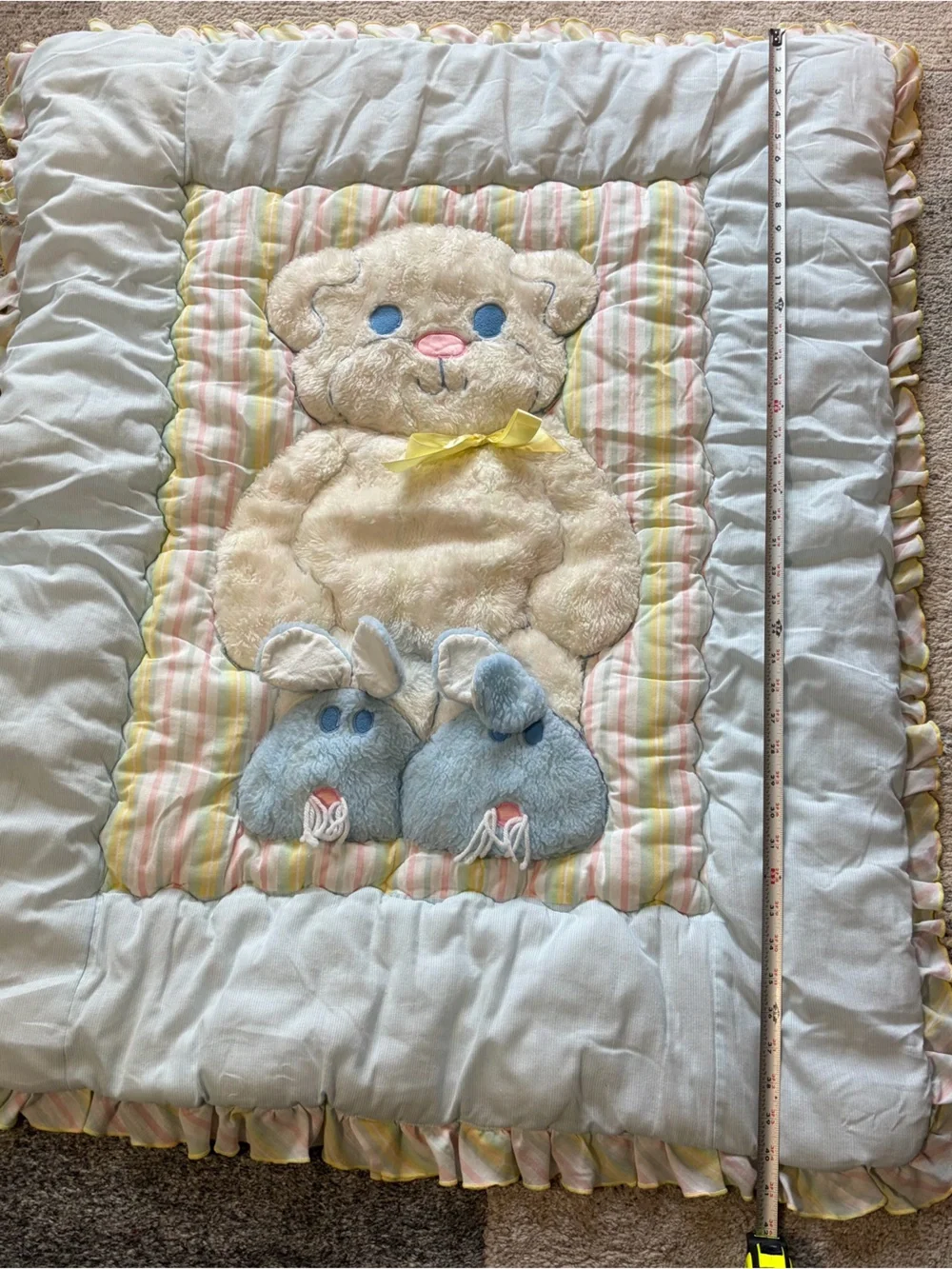 Vtg 80s 90s Baby Blanket Quilt Teddy Bear Bunny Slippers Pastel Ruffle 32x40
